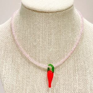 Handmade unique pepper lamp work charm & light pink glass seed beads necklace